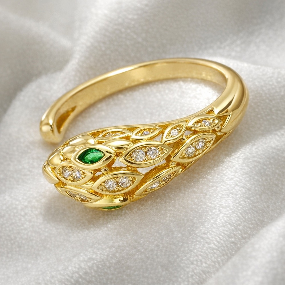 14K Gold Plated Emerald CZ Snake Serpent Adjustable Ring Luxury - Picture 2 of 5